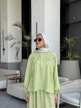 Linen Shirred Blouse - Lime