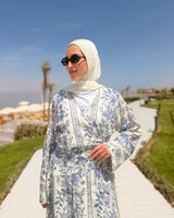 Overlap Printed Linen Dress-Blue