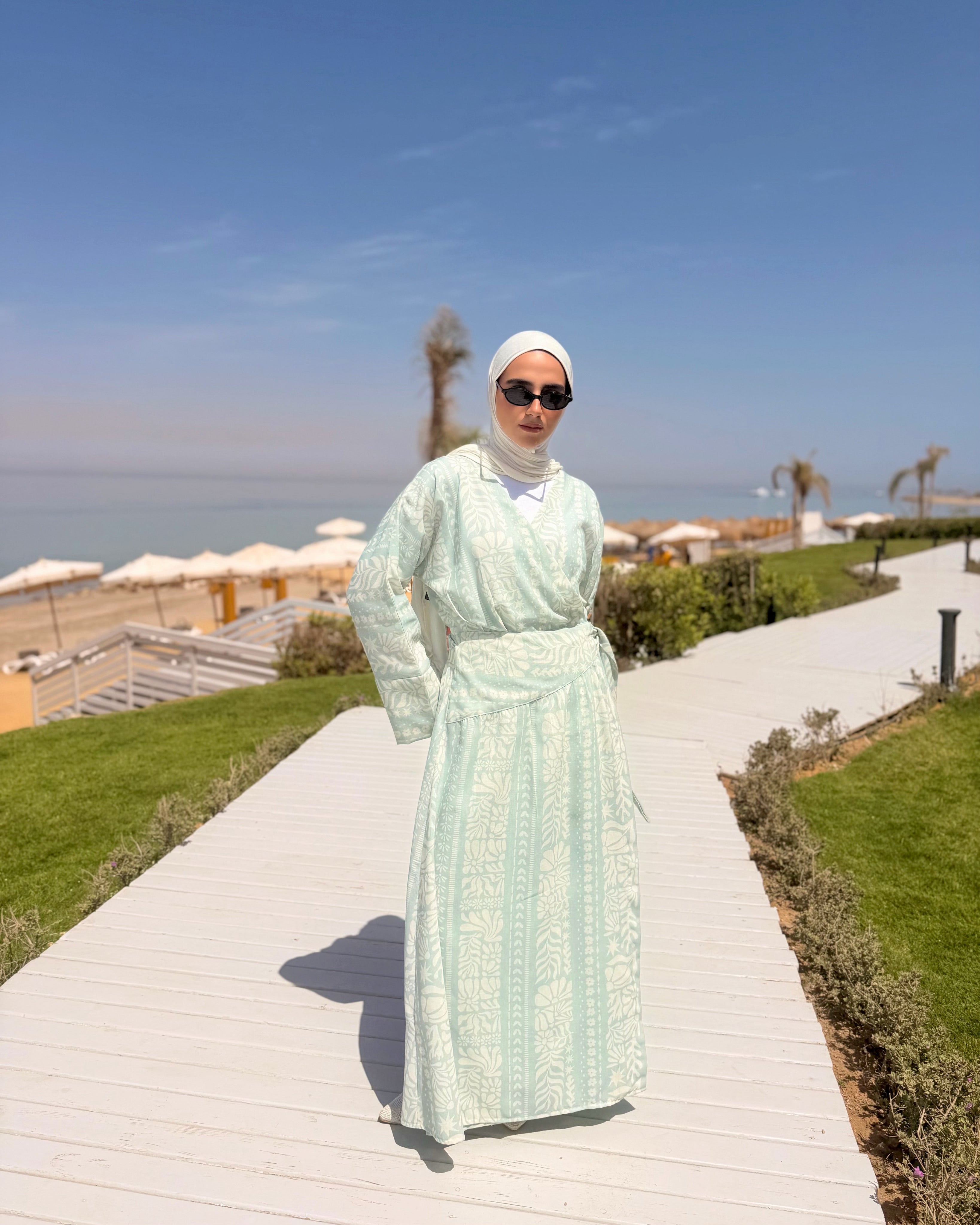Overlap Printed Linen Dress-Mint