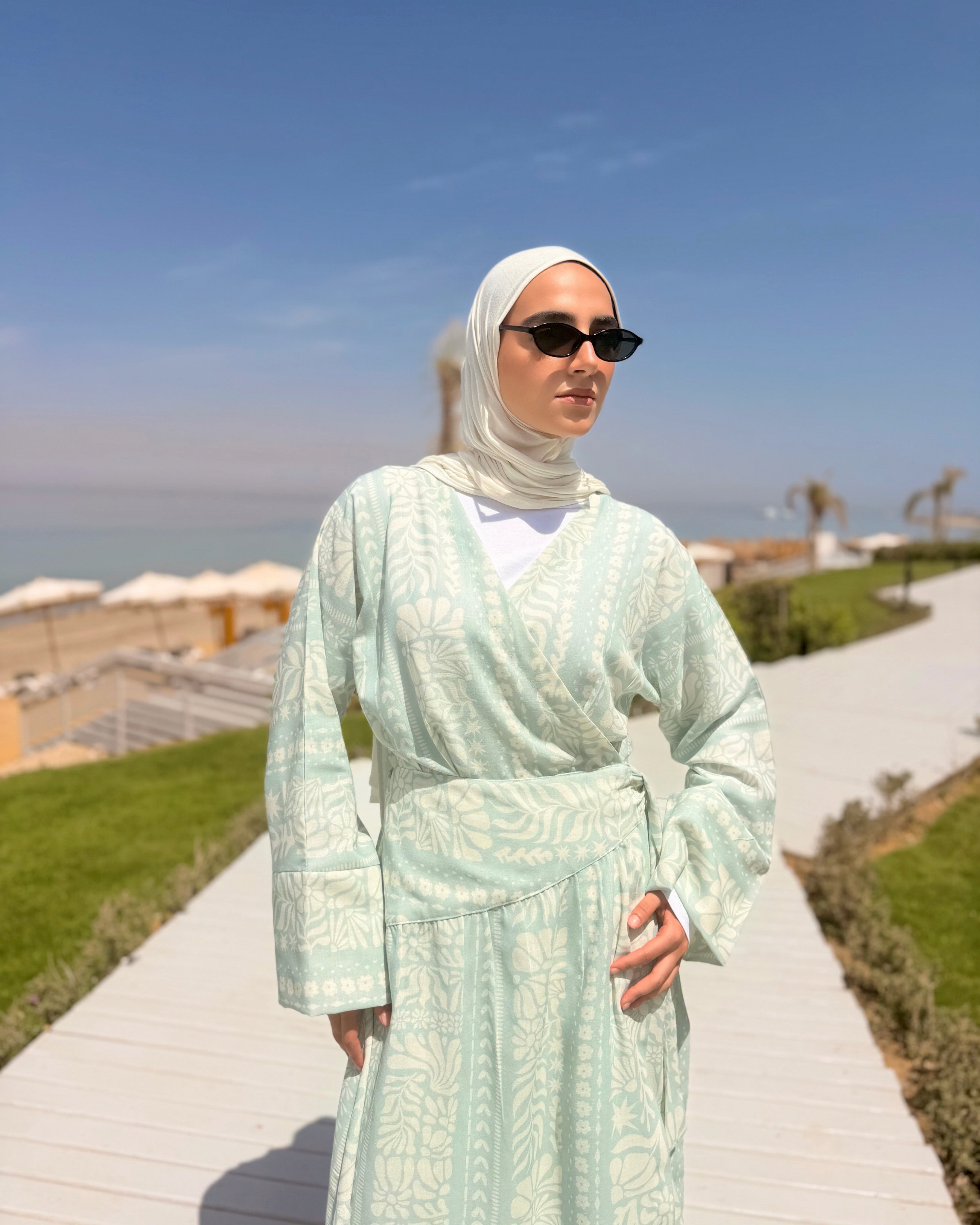 Overlap Printed Linen Dress-Mint