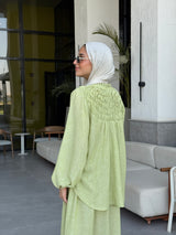 Linen Shirred Blouse - Lime