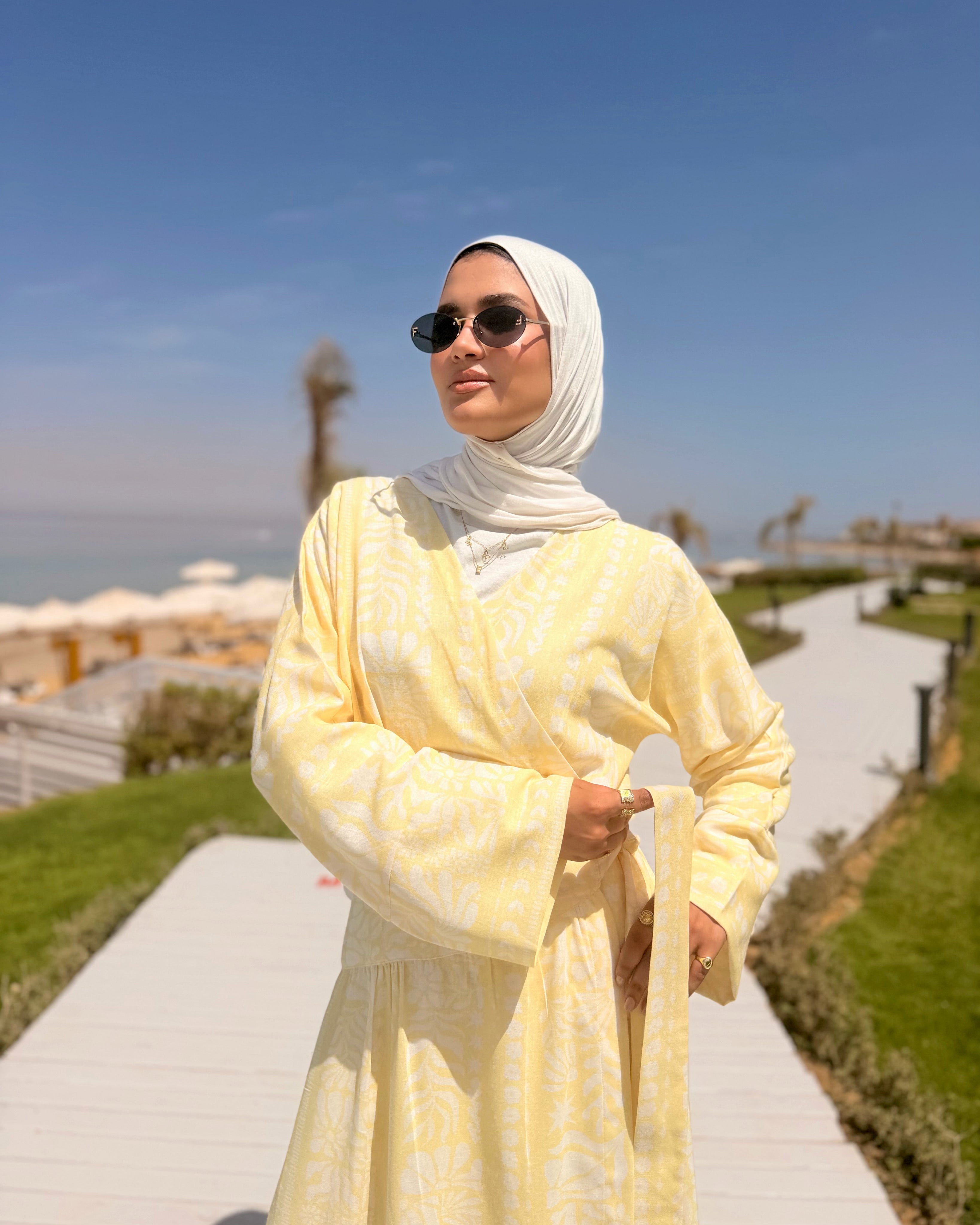 Overlap Printed Linen Dress -Yellow