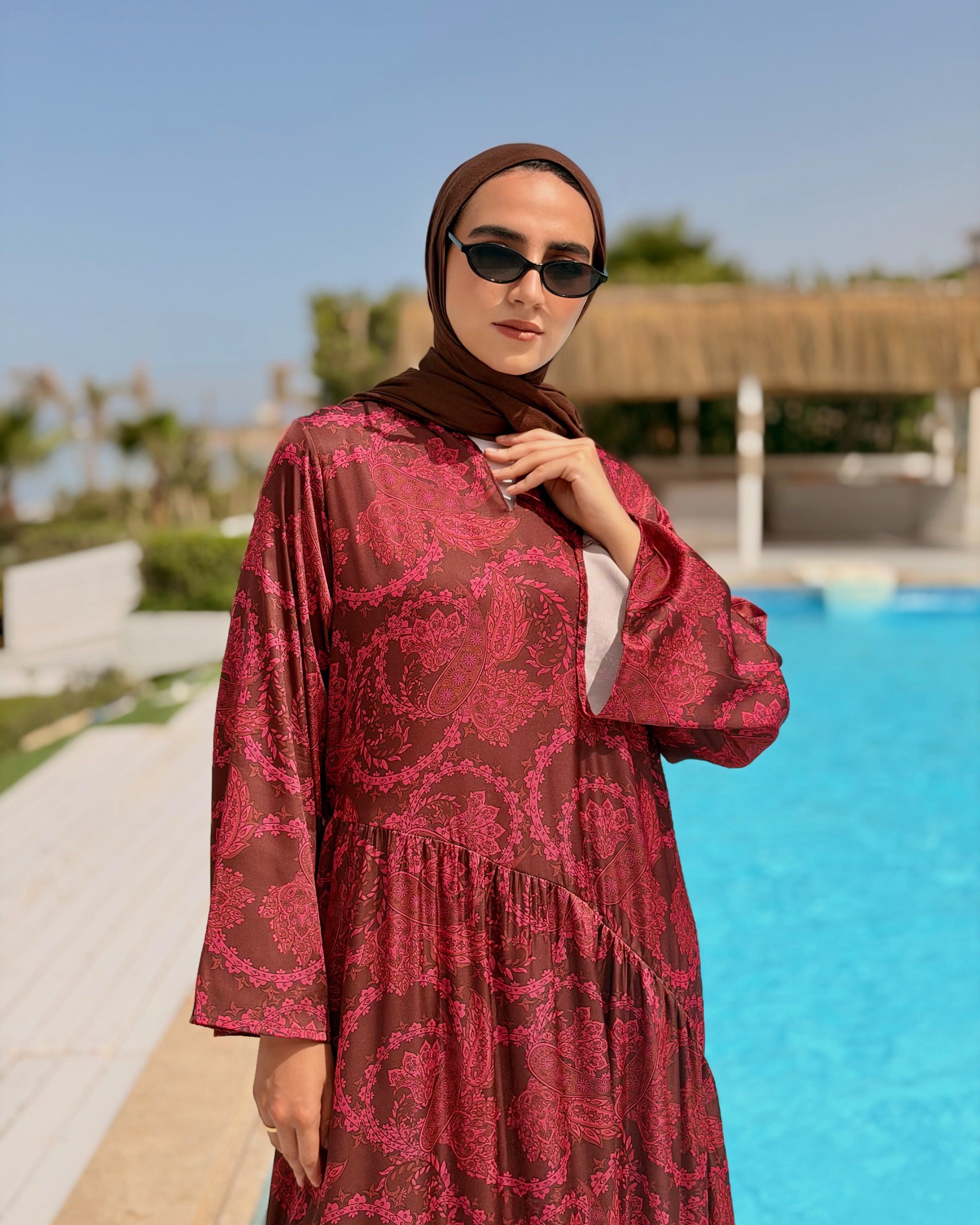 Floral Satin Printed Dress -Fuchsia