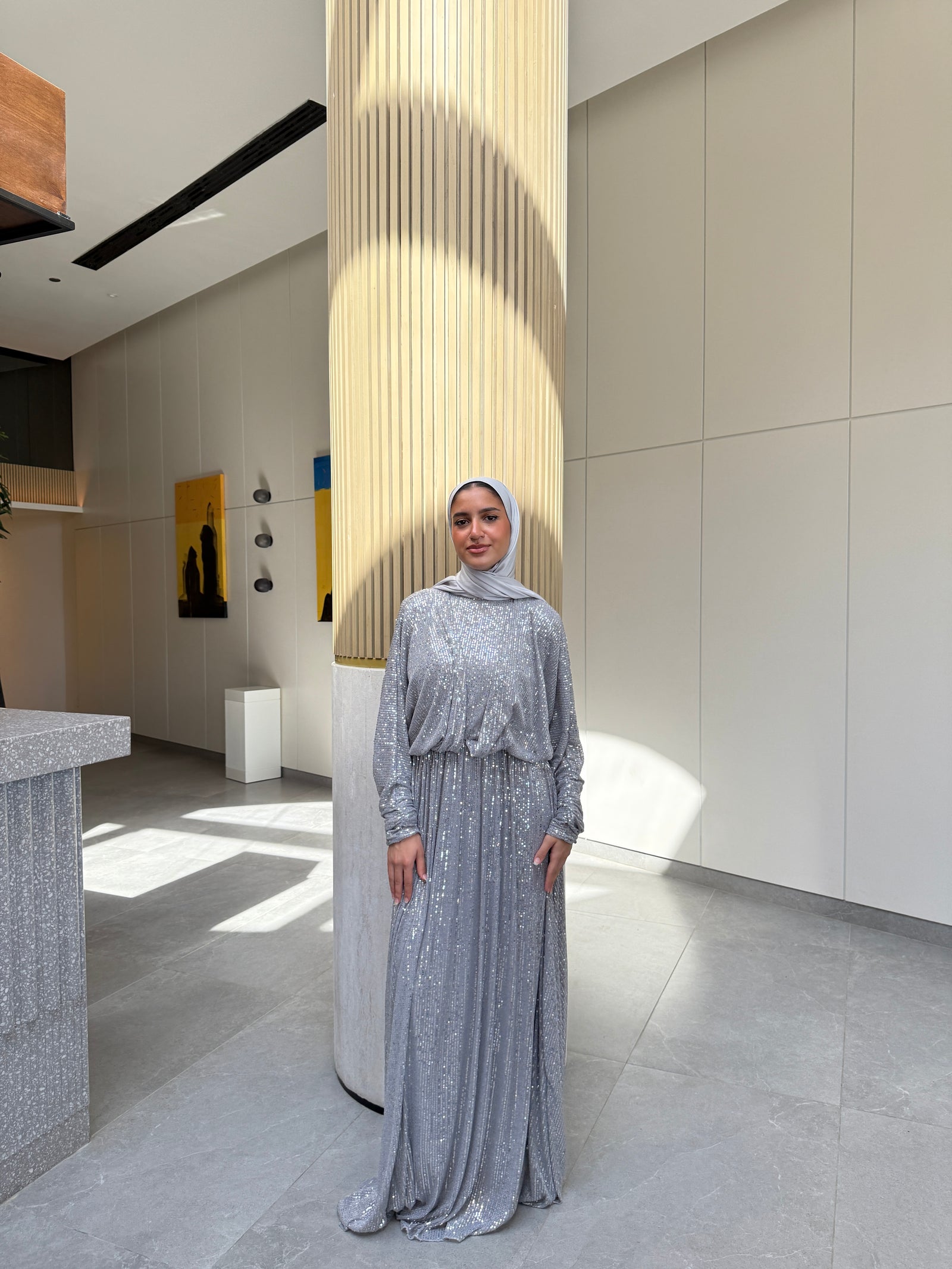dress silver hijab Plus Size Silver Hijab Evening Dress 56180GMS