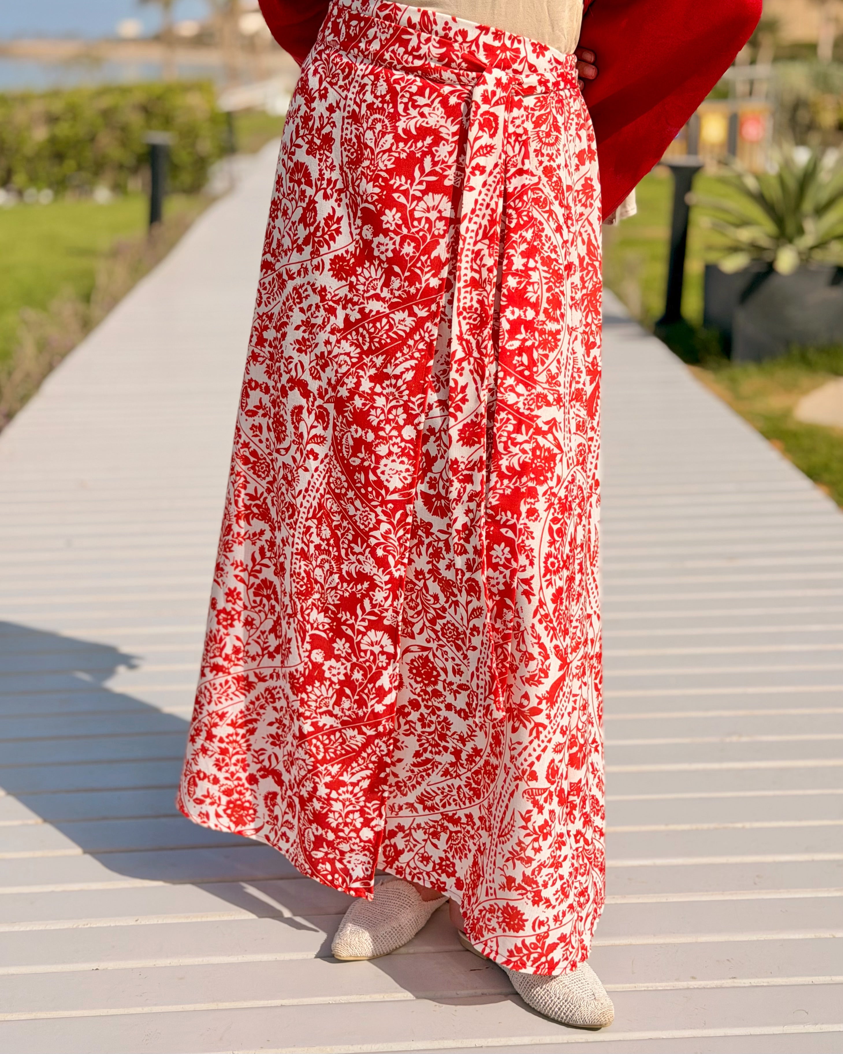 Linen Wrap Skirt-Red