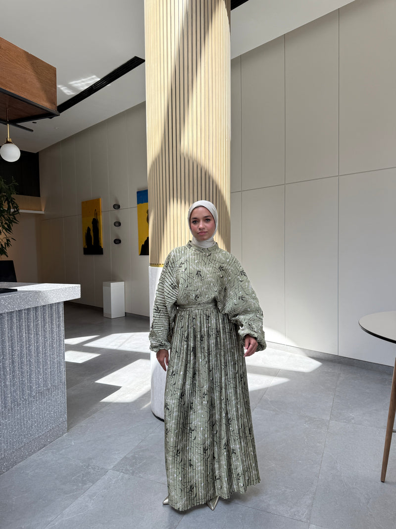 Printed Shell Satin Dress - Olive