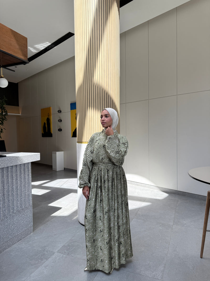 Printed Shell Satin Dress - Olive