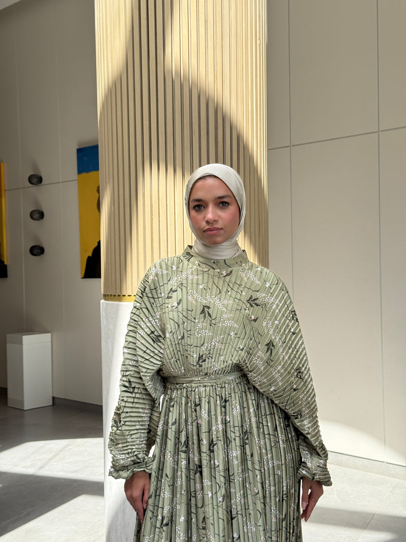 Printed Shell Satin Dress - Olive