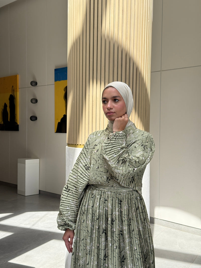 Printed Shell Satin Dress - Olive