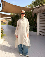 Asymmetrical Strass Linen Shirt -Beige