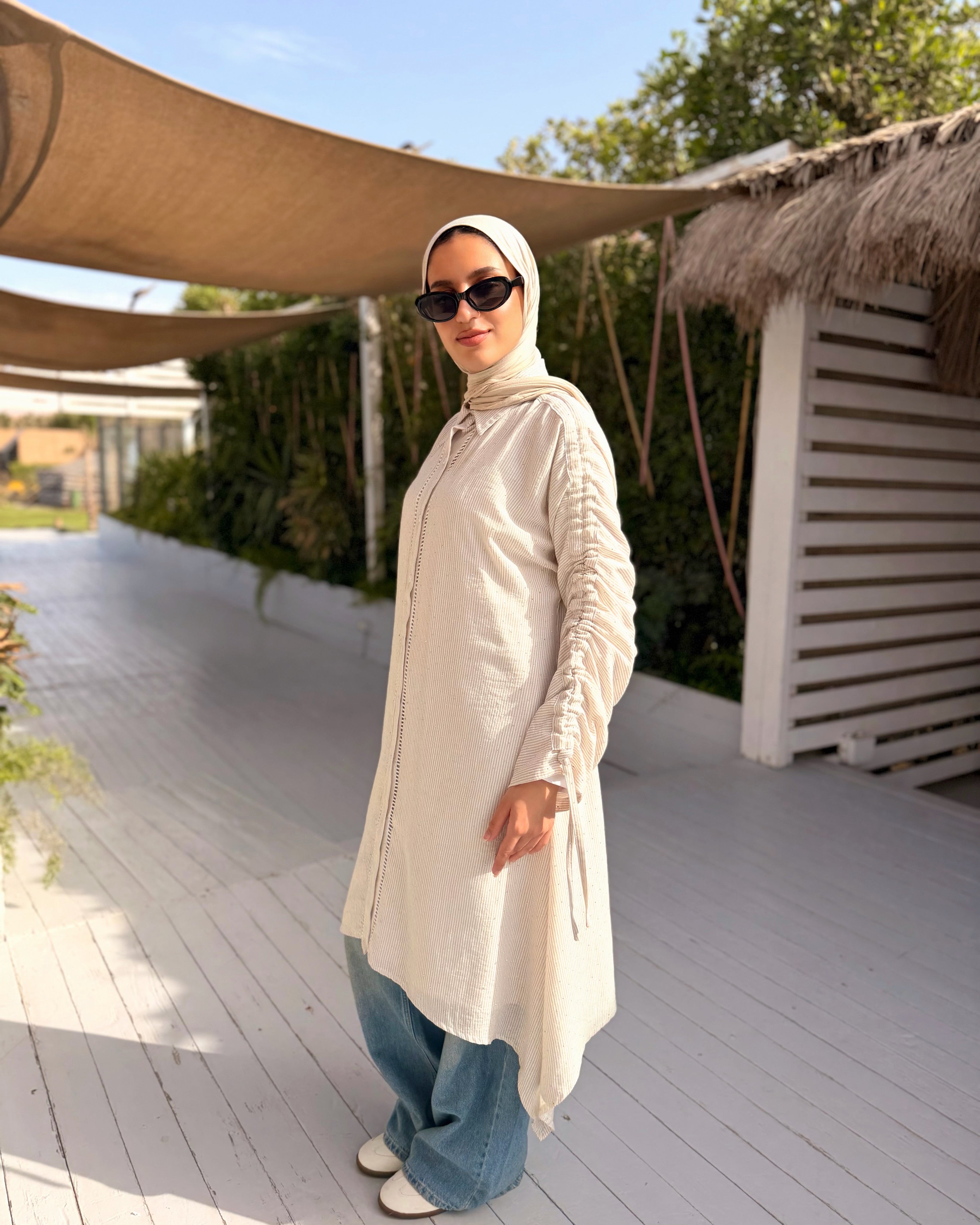 Asymmetrical Strass Linen Shirt -Beige