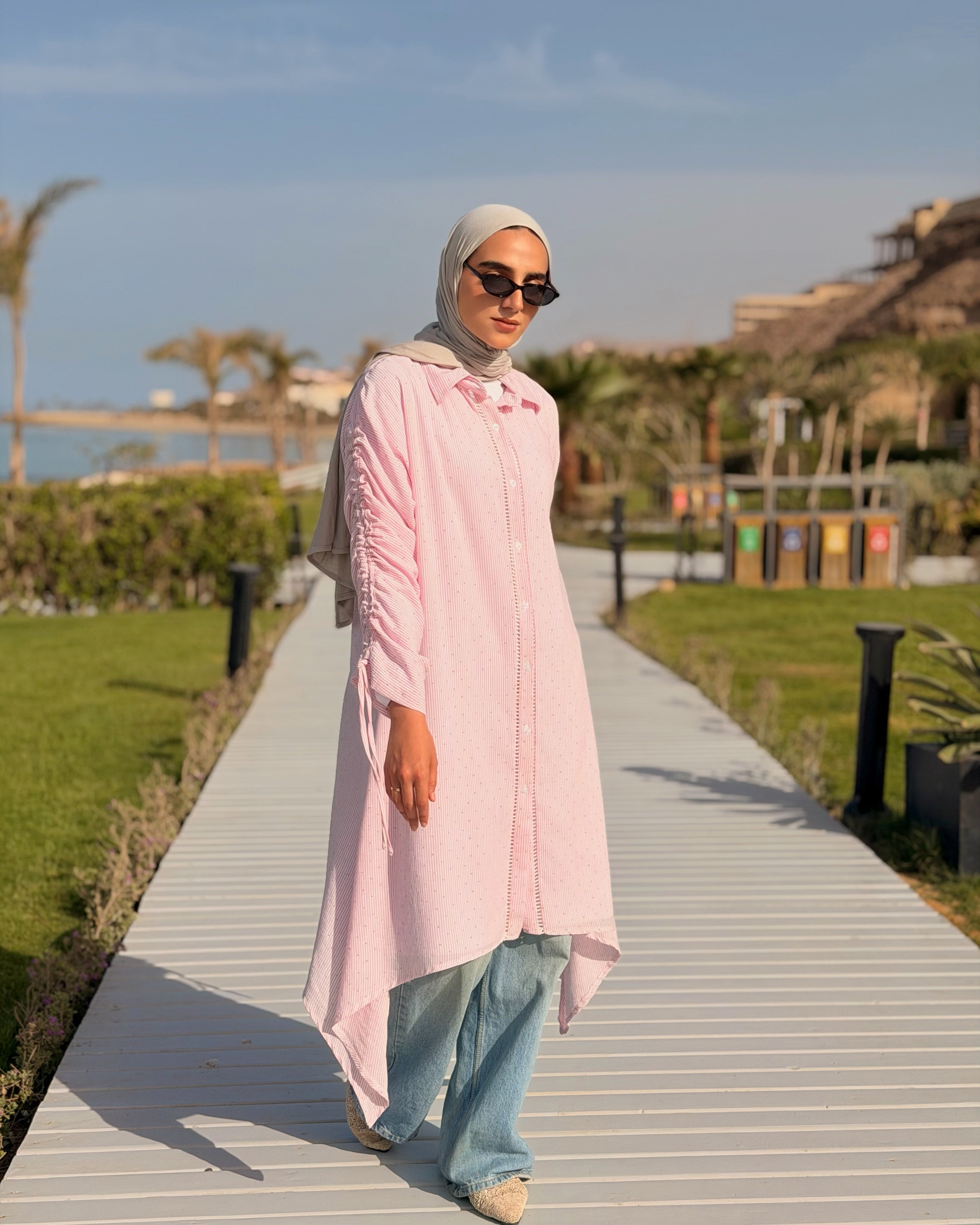 Asymmetrical Strass Linen Shirt -Pink