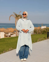 Asymmetrical Strass Linen Shirt -Baby Blue