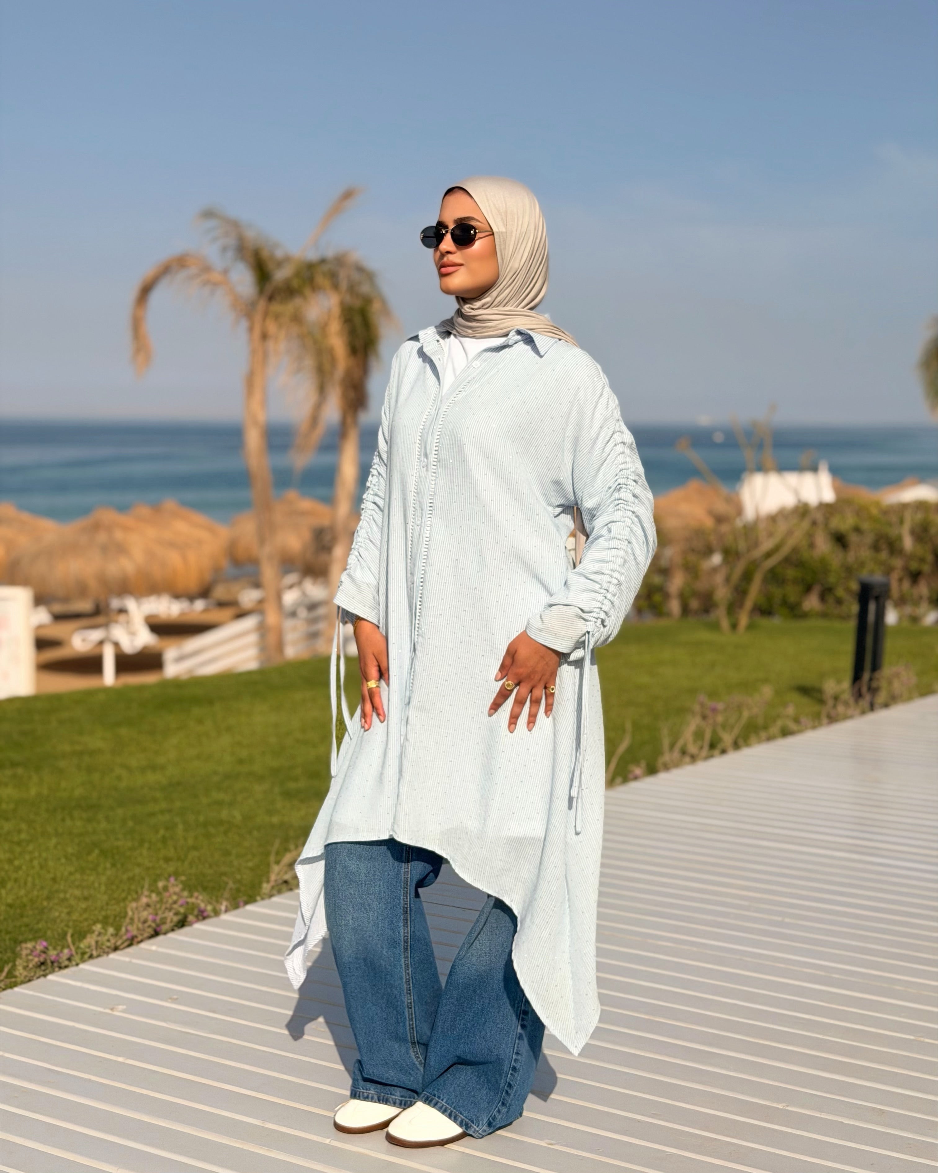 Asymmetrical Strass Linen Shirt -Baby Blue