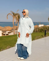 Asymmetrical Strass Linen Shirt -Baby Blue