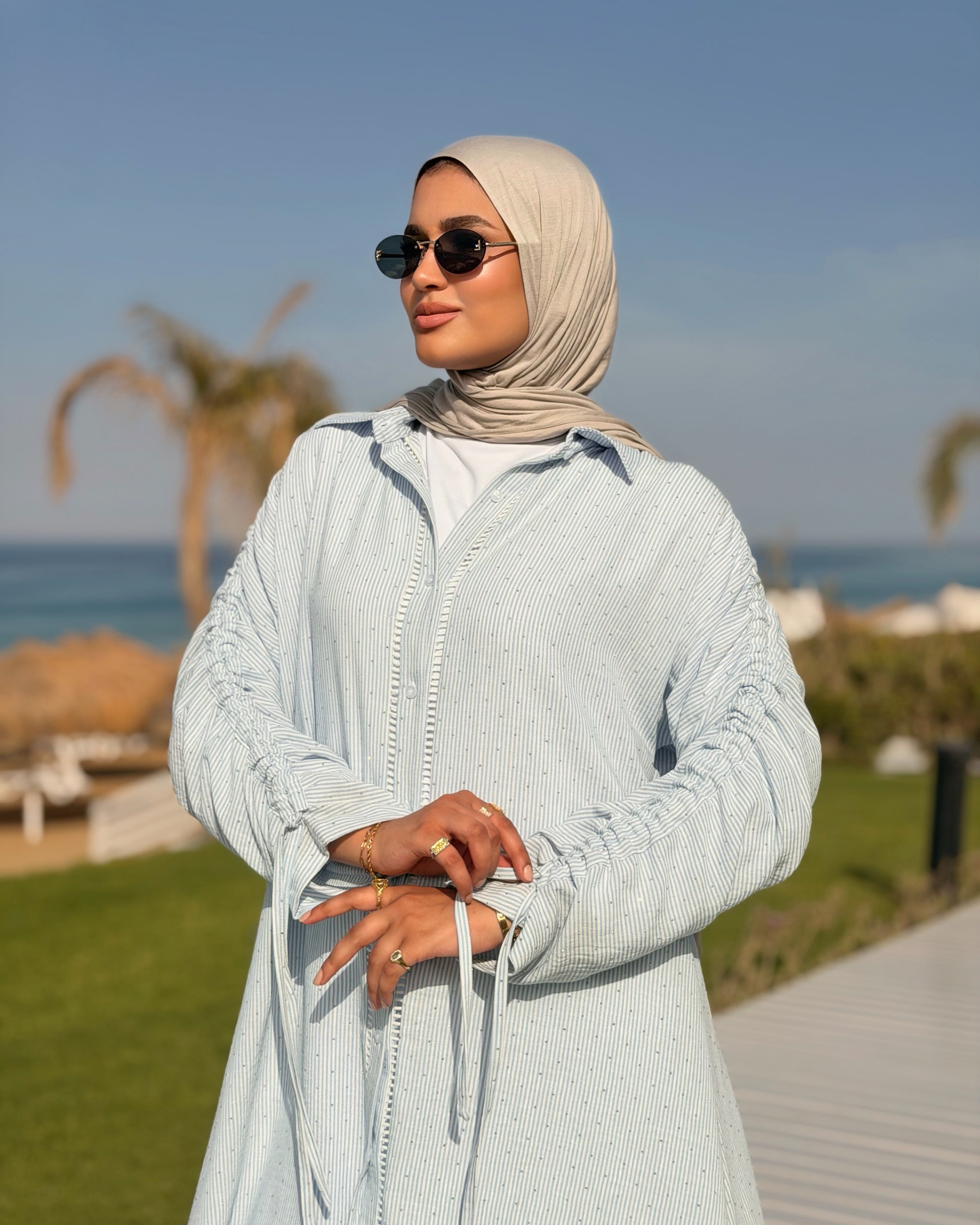 Asymmetrical Strass Linen Shirt -Baby Blue