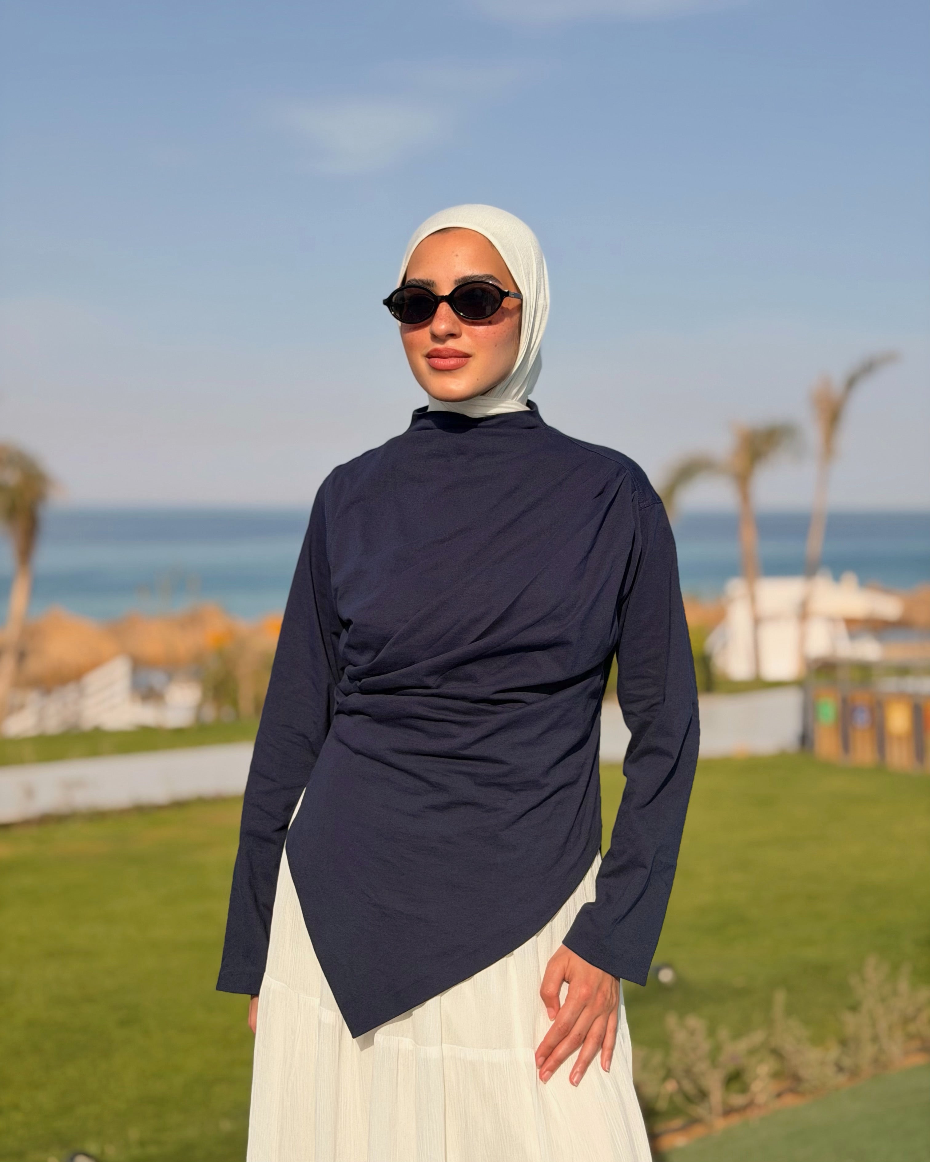 Asymmetric Cotton Blouse -Navy