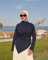 Asymmetric Cotton Blouse -Navy