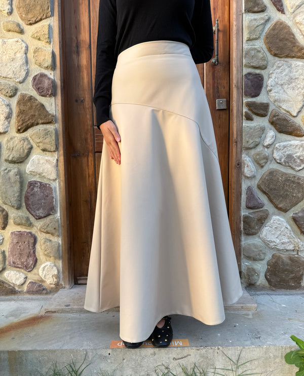 Flowy Leather Skirt - Beige