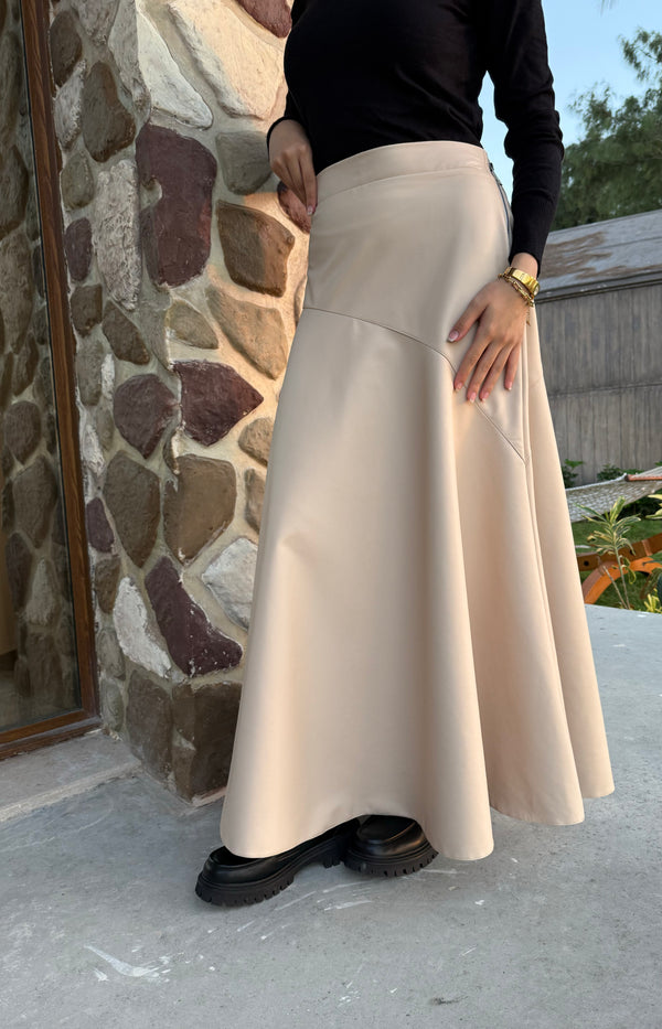 Flowy Leather Skirt - Beige