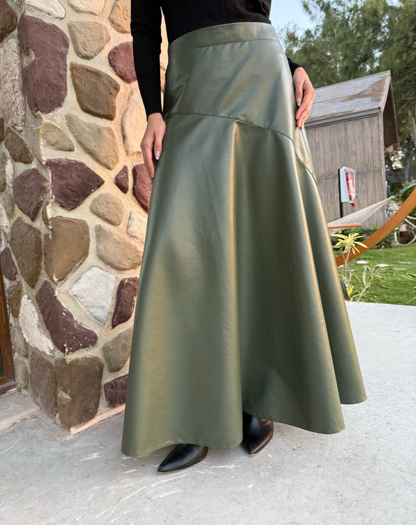 Flowy Leather Skirt - Olive
