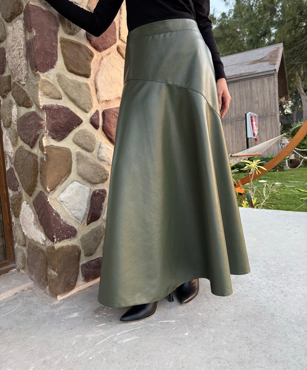 Flowy Leather Skirt - Olive