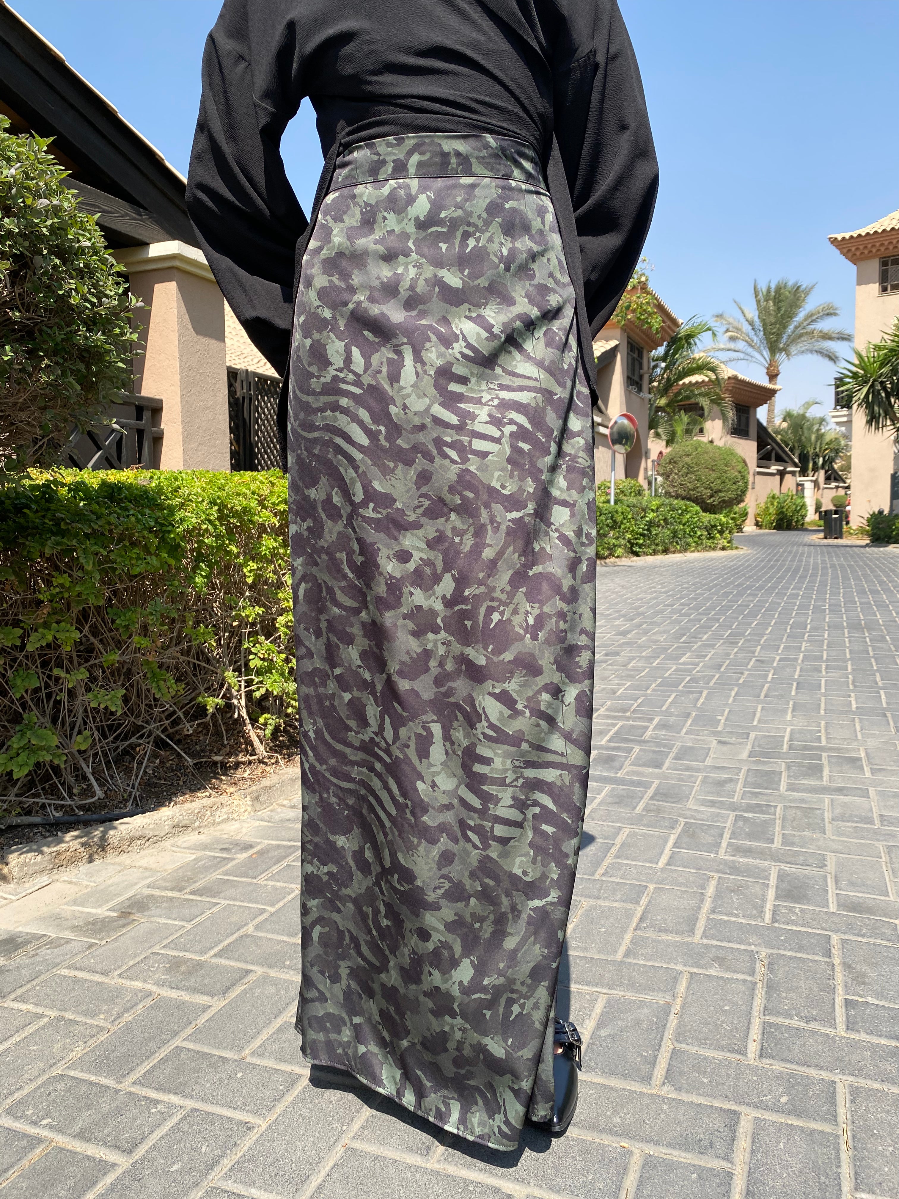 Satin Printed Skirt - Olive