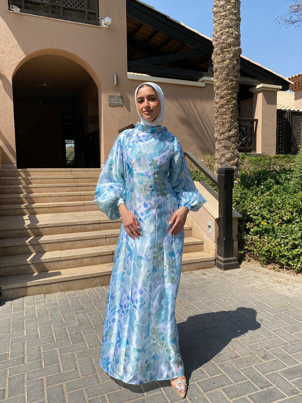 Printed Organza Dress - Blue (available at stores only)