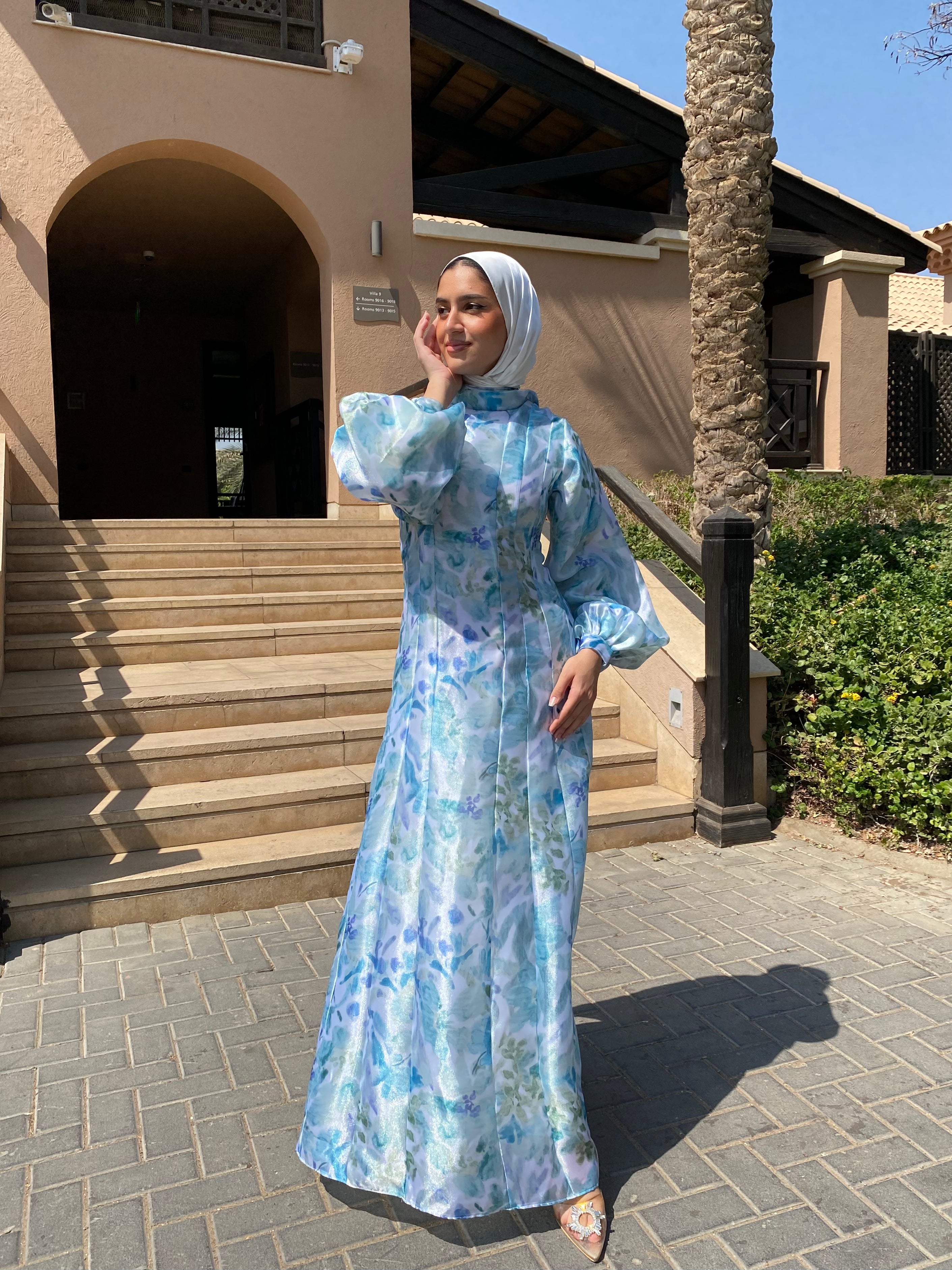 Printed Organza Dress - Blue (available at stores only)