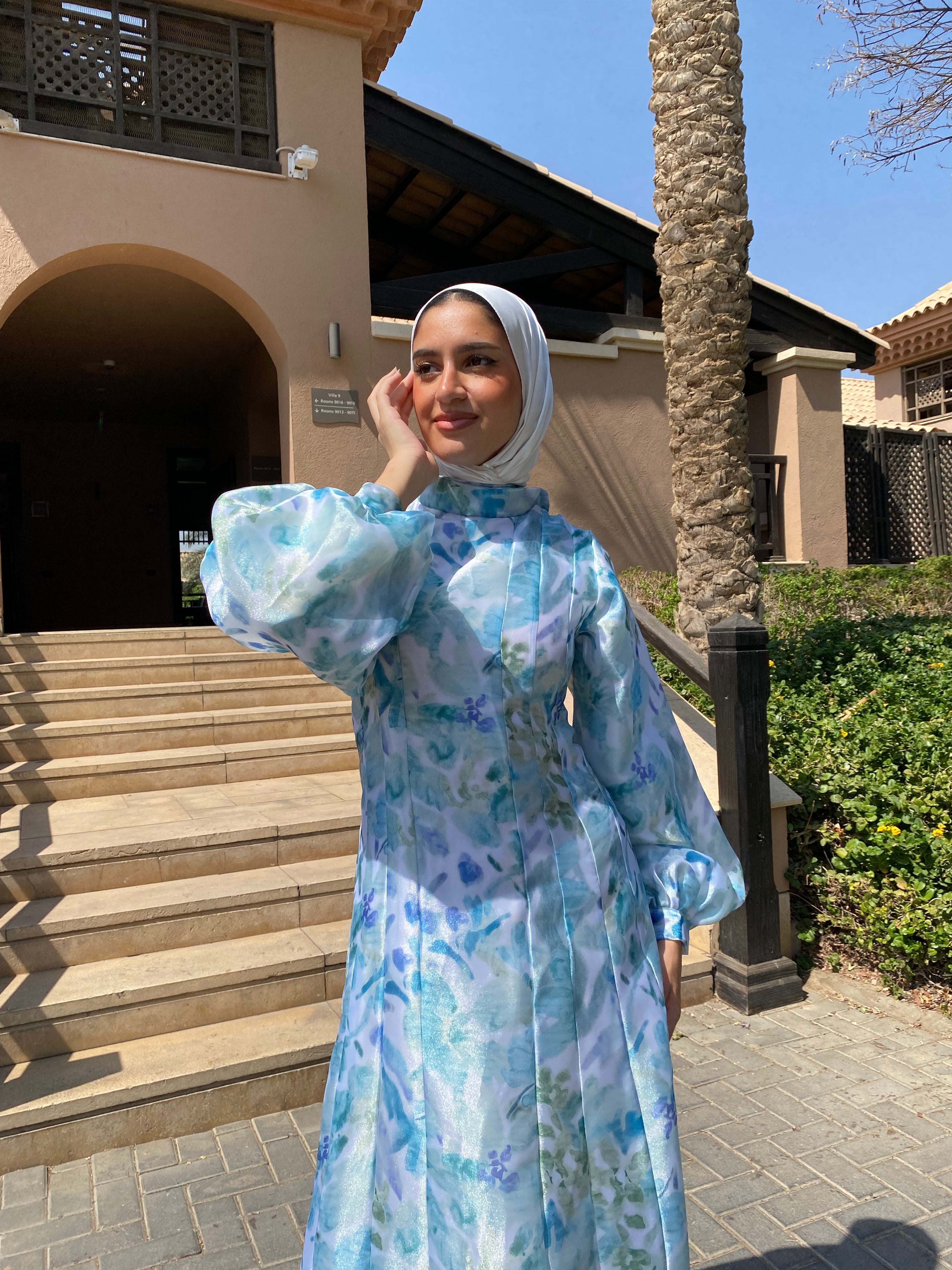 Printed Organza Dress - Blue (available at stores only)