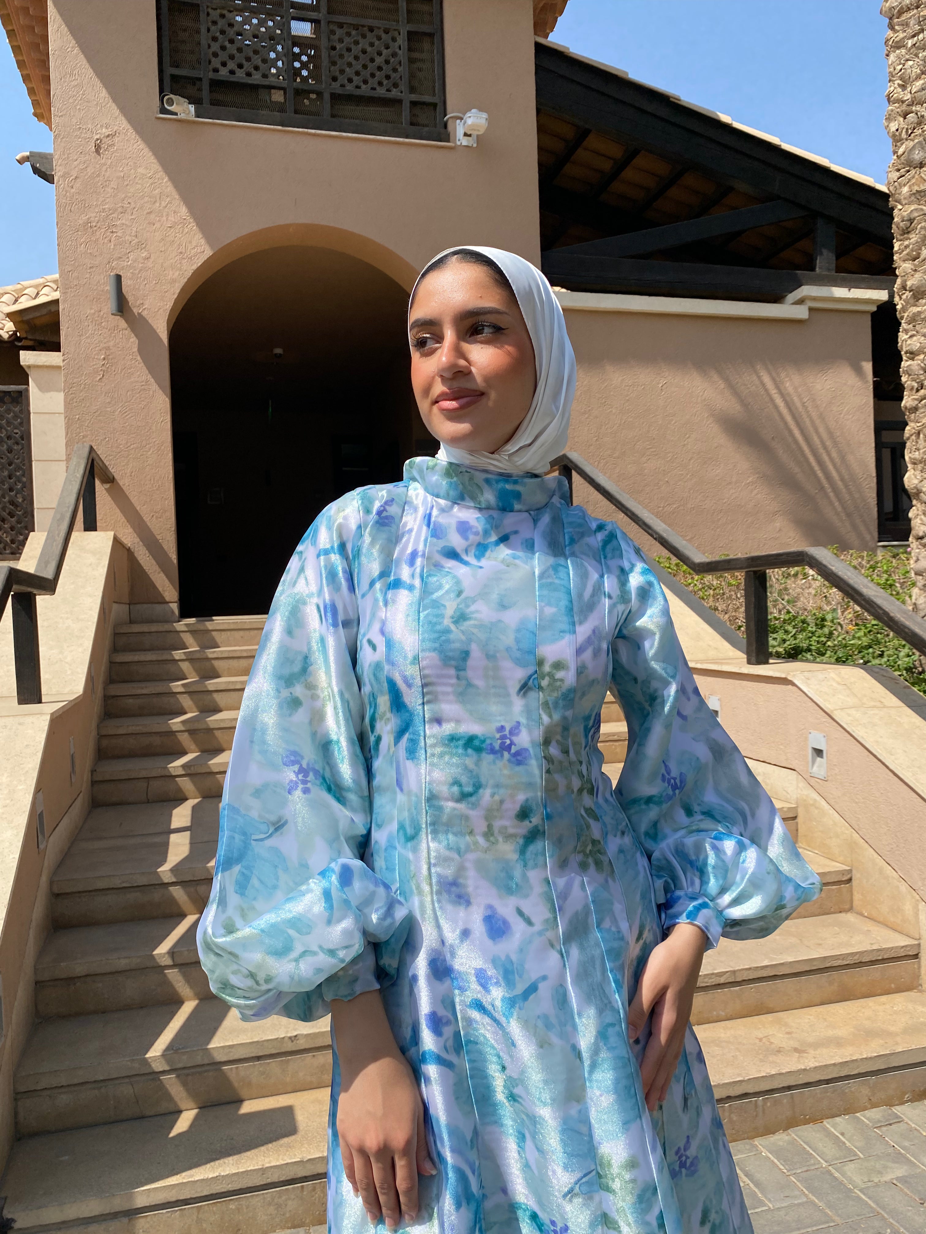 Printed Organza Dress - Blue (available at stores only)