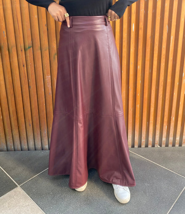 Top-stitched Leather Skirt - Maroon