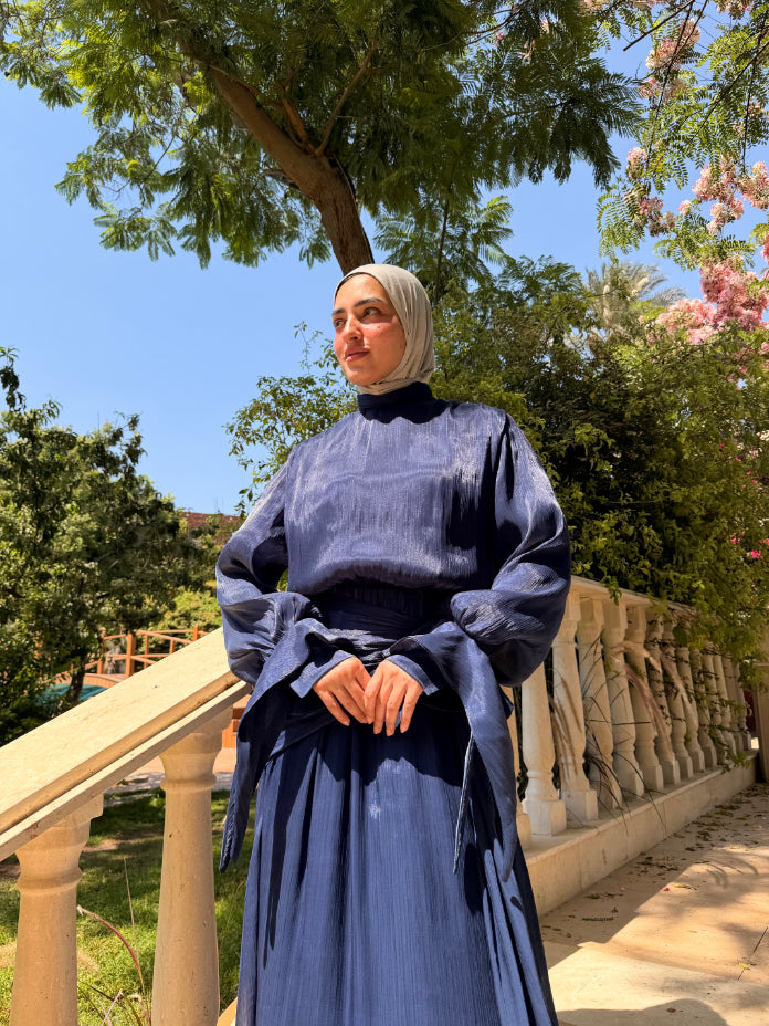 Side Buckle Organza Dress -Dark Blue