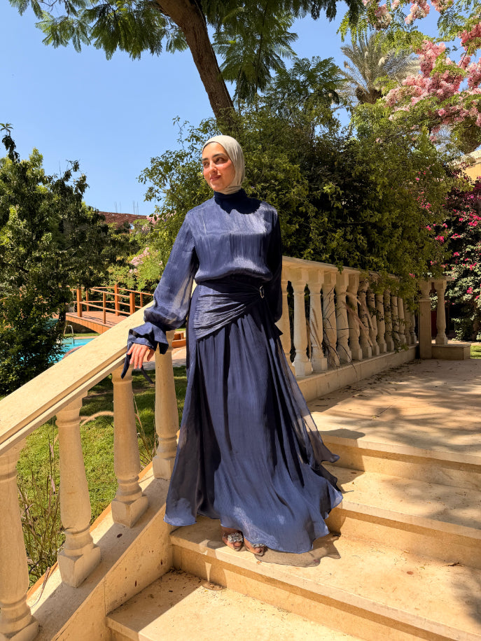 Side Buckle Organza Dress -Dark Blue