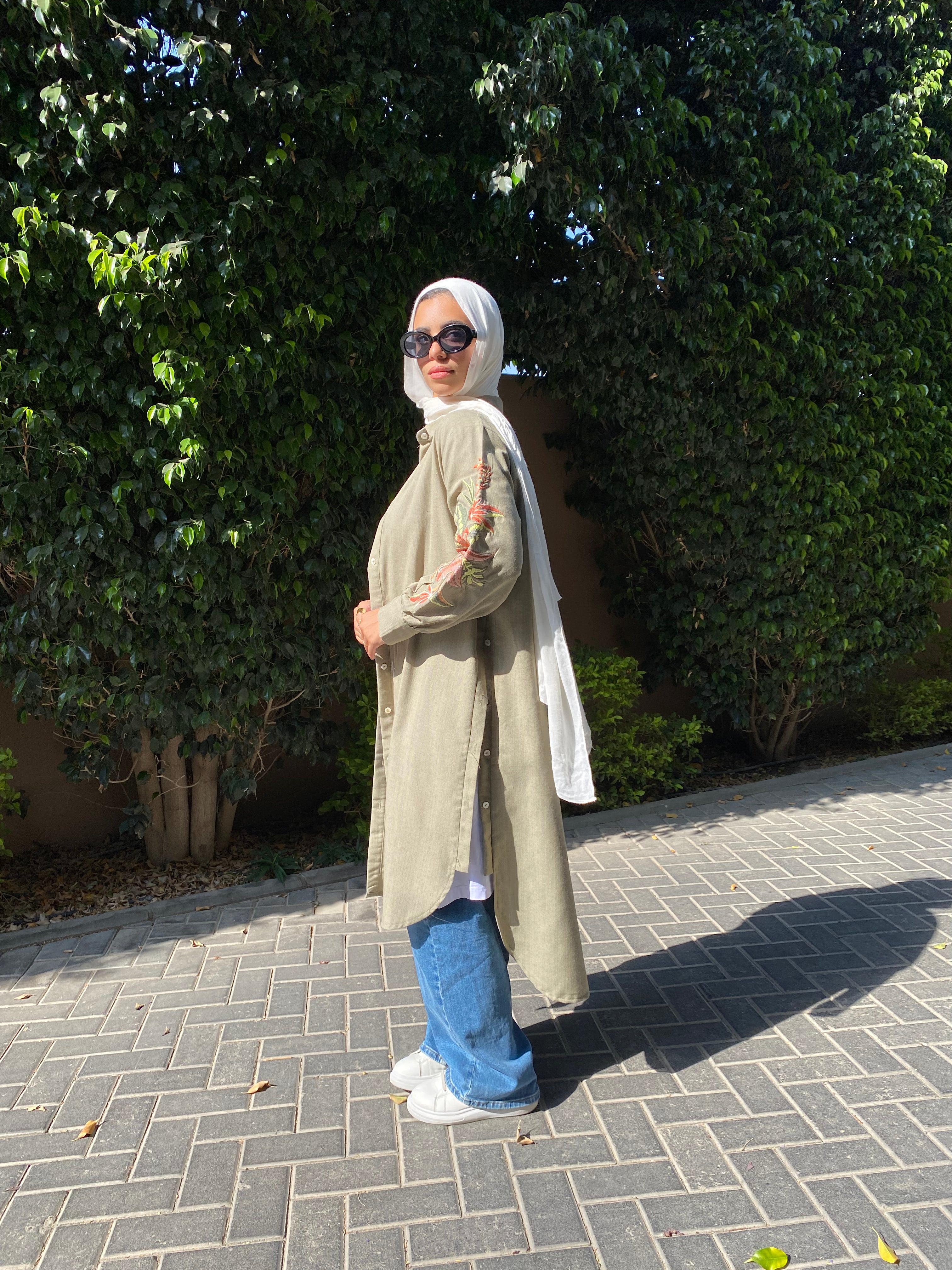 Floral Embroidery Shirt - Olive