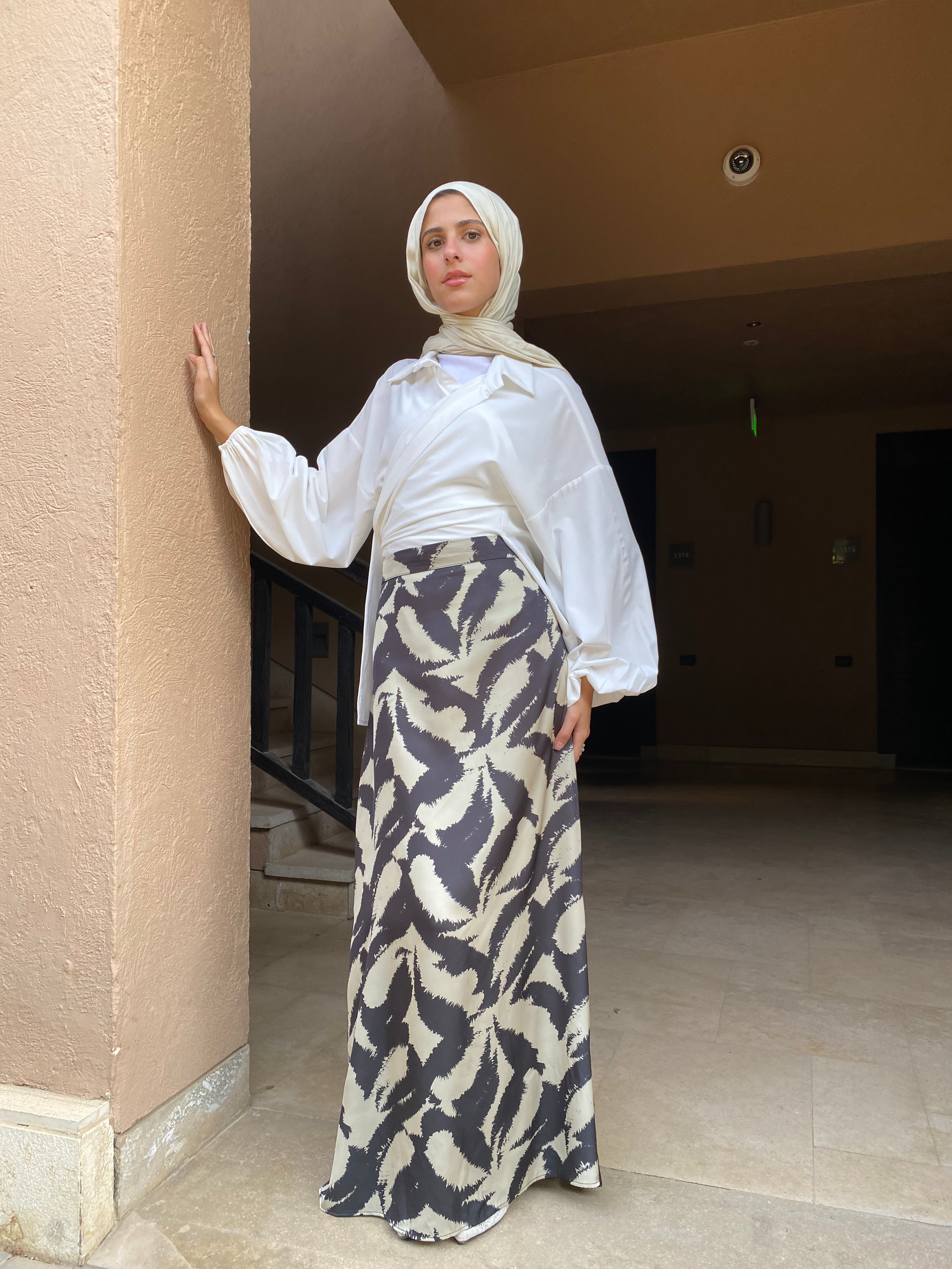 Satin Printed Skirt - Cafe