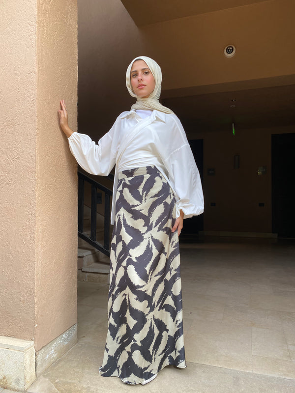 Satin Printed Skirt - Cafe