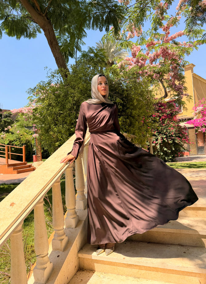 Draped Satin Dress - Brown