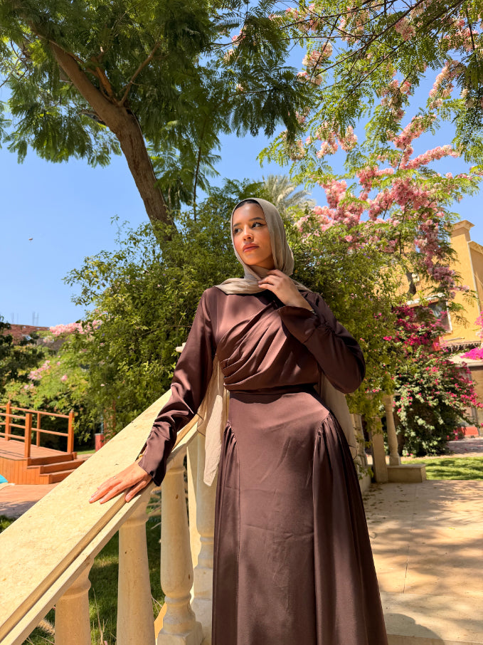 Draped Satin Dress - Brown