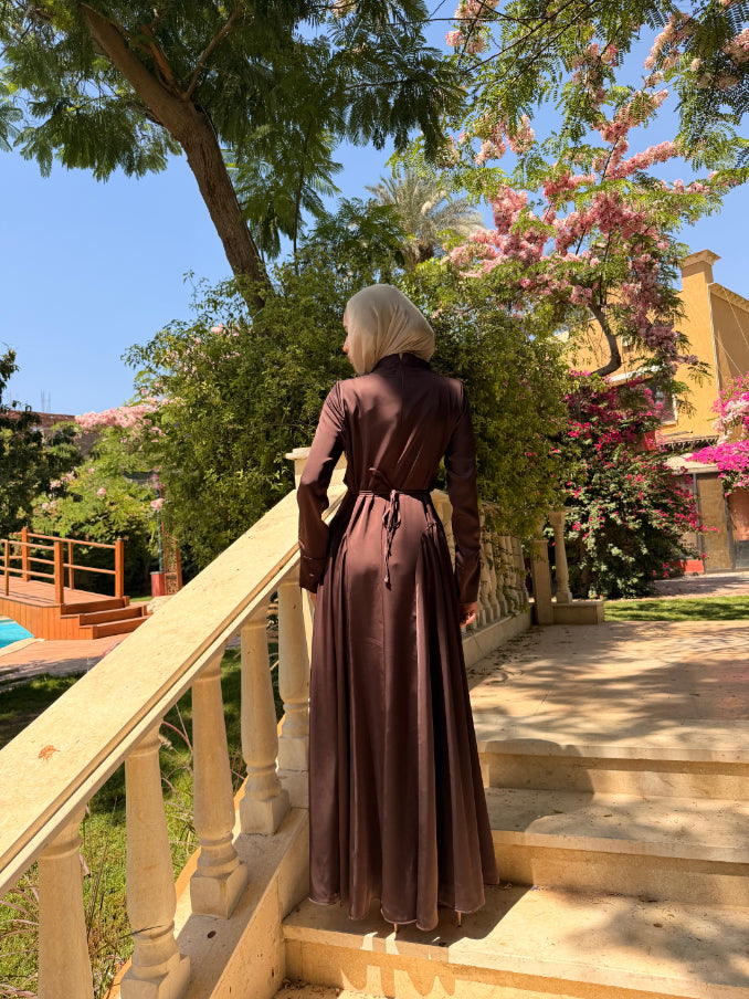 Draped Satin Dress - Brown