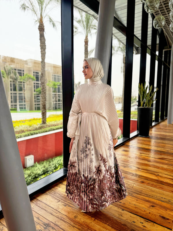 Printed Shell Satin Dress - Beige