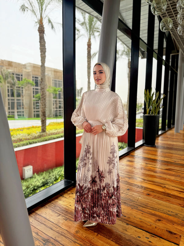 Printed Shell Satin Dress - Beige