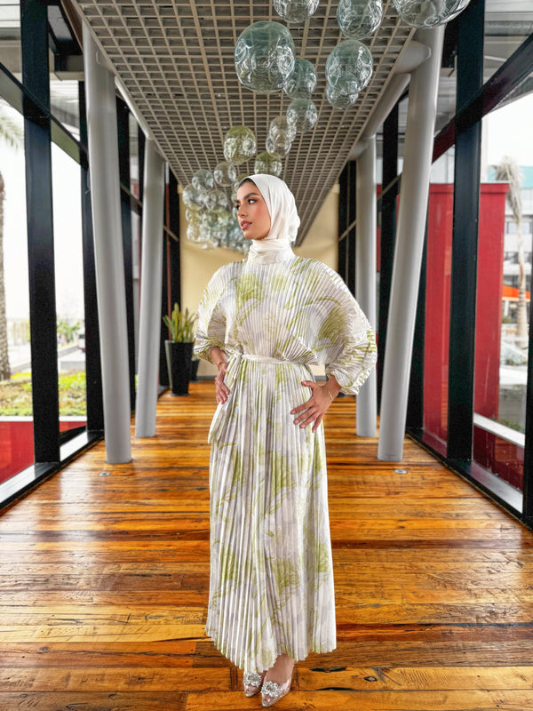 Printed Shell Satin Dress - Lime
