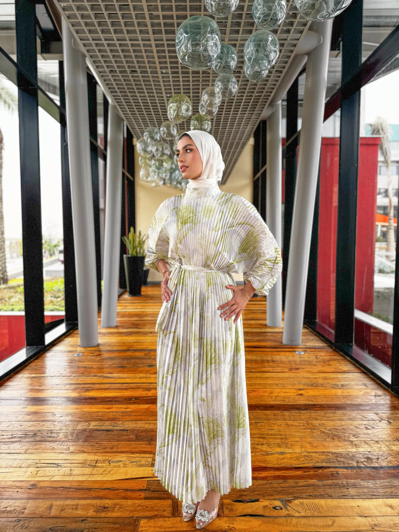 Printed Shell Satin Dress - Lime