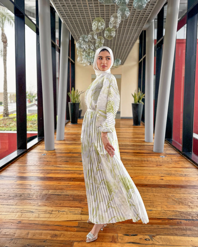 Printed Shell Satin Dress - Lime