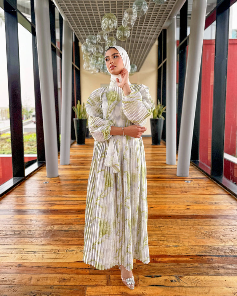Printed Shell Satin Dress - Lime