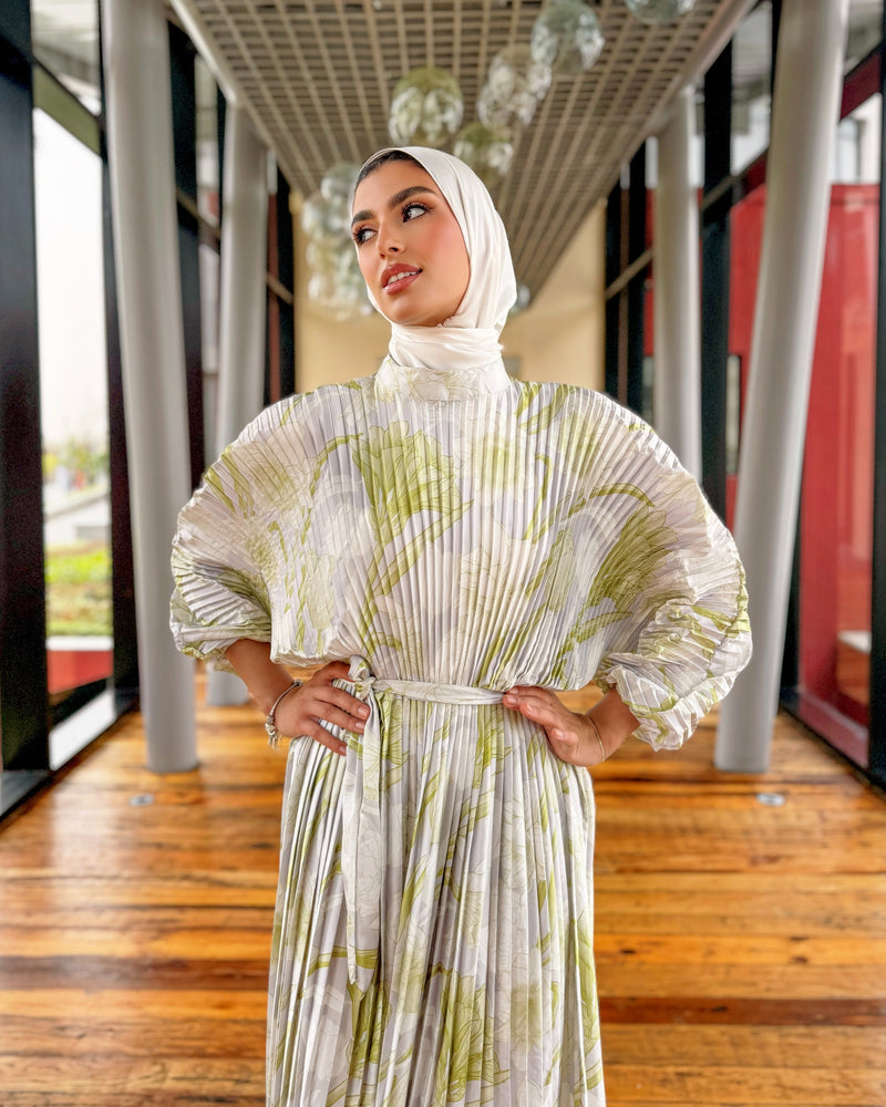 Printed Shell Satin Dress - Lime