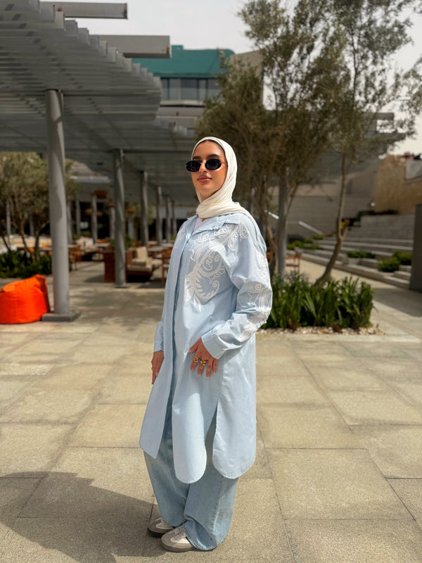 Stripes Embroidered Shirt - Baby Blue