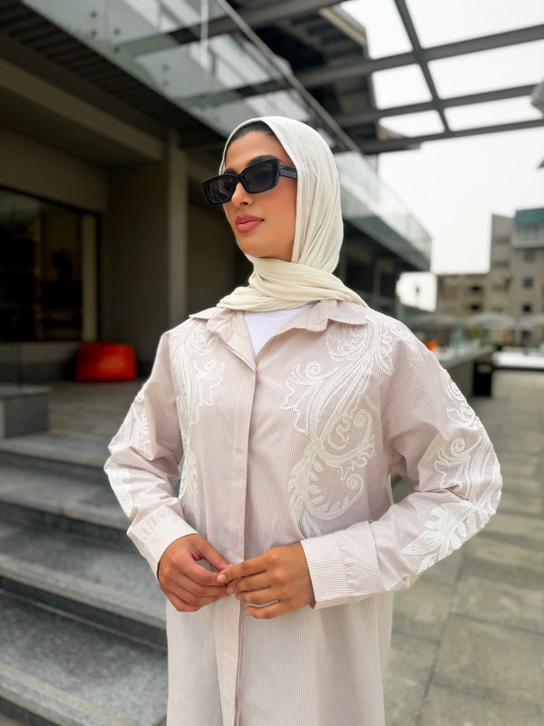 Stripes Embroidered Shirt - Beige