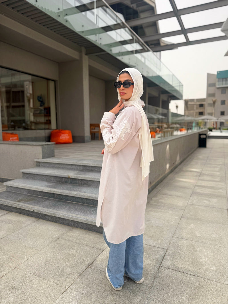 Stripes Embroidered Shirt - Beige